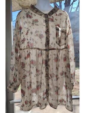 Free People Dress Tunic M Bailey Drawstring Floral Printed Sheer Bohemian